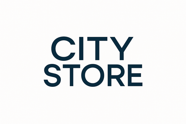 city store written in a modern font tightly spaced in a dark blue colour matching with the theme of the store